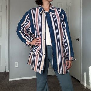 Vtg 90s Ralph Lauren Red White Blue Stripe Denim Jean Button Zip Up Jacket